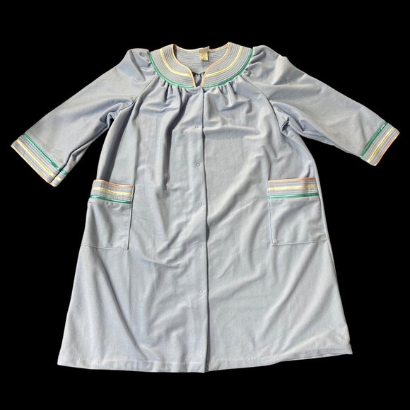 Vintage Blue Robe Duster Gown Quiet Moments 1980s Striped Pockets Size 3X USA - Picture 2 of 6